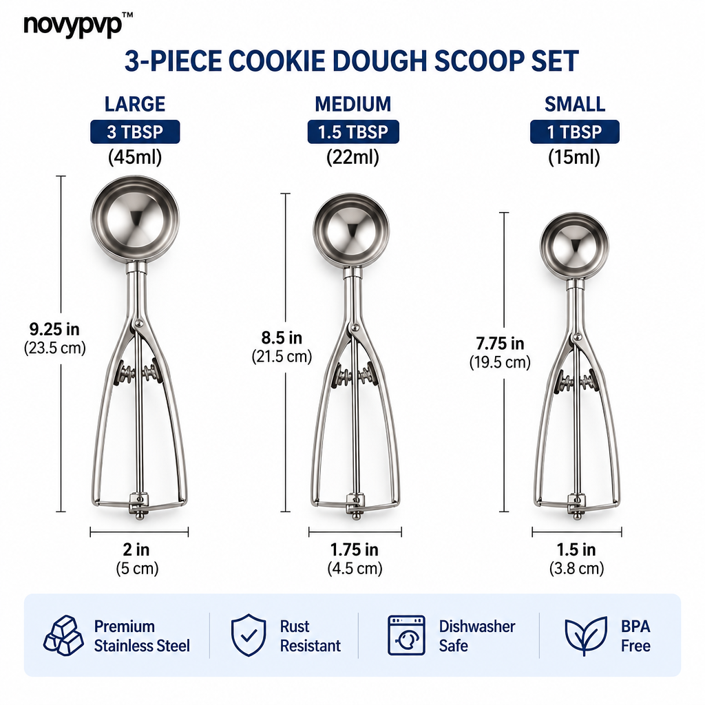 novypvp™ Cookie Dough Scoop Set, 3-Piece Stainless Steel Portion Scoops with Squeeze Handles