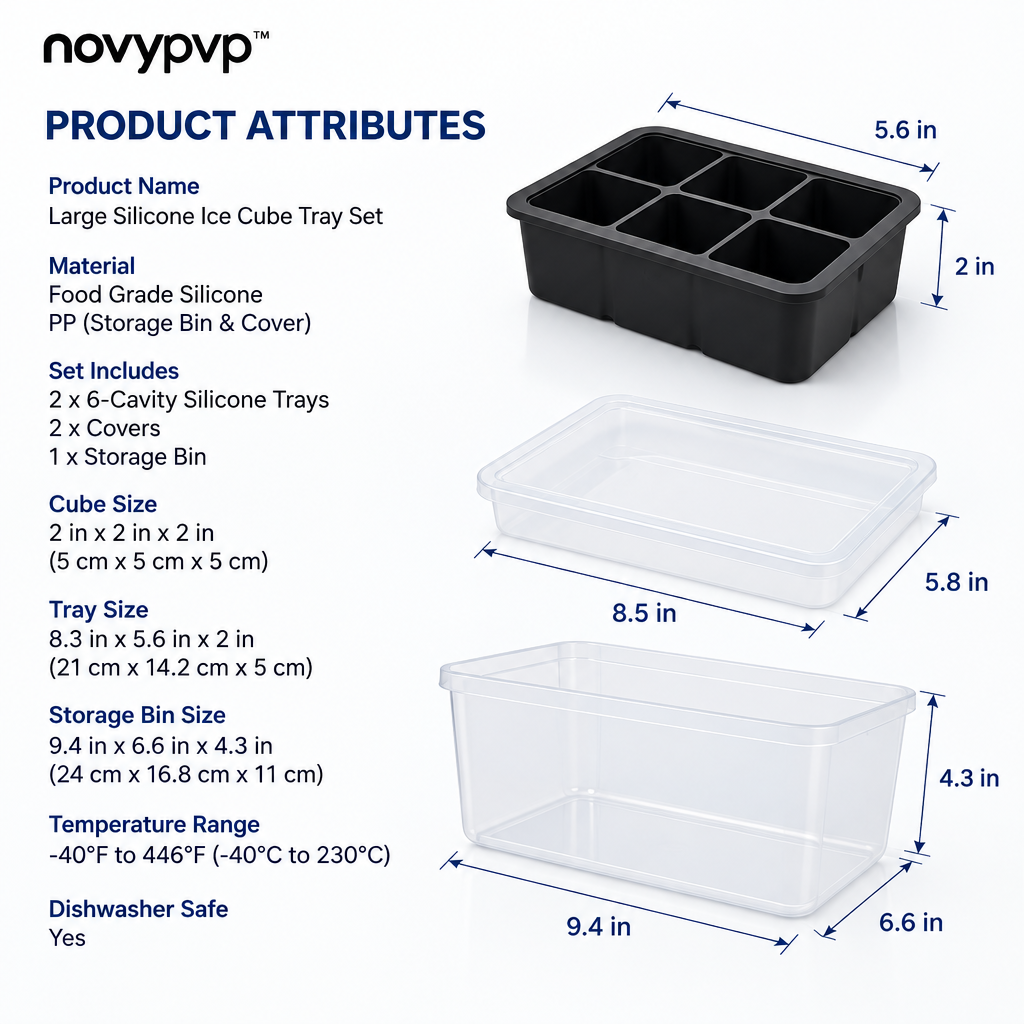 novypvp™ Large Silicone Ice Cube Tray Set, Two 6-Cavity Molds with Covers and Storage Bin