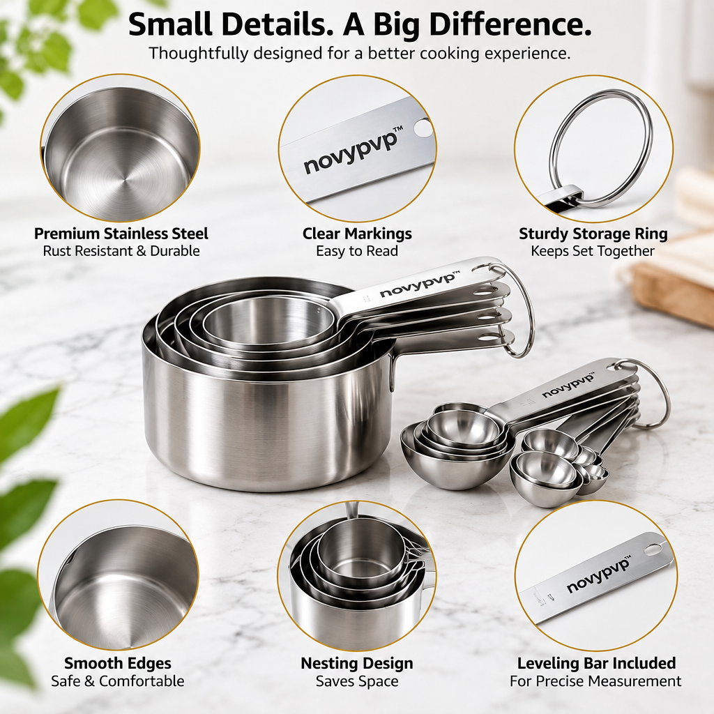 novypvp™ Stainless Steel Measuring Cups and Spoons Set, 12-Piece Nesting Baking Measure Kit with Leveling Bar