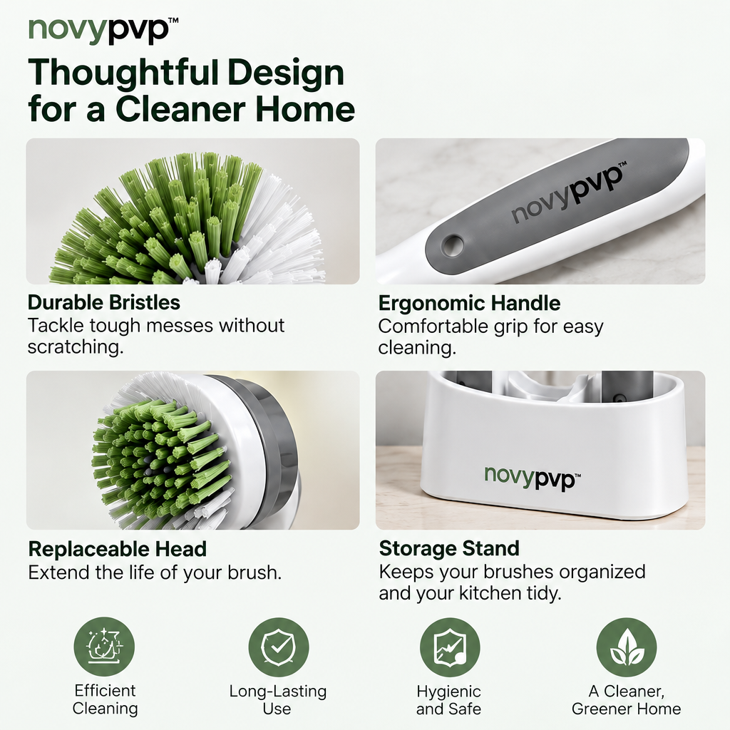 novypvp™ Dish Brush and Bottle Brush Set, 4-Piece Kitchen Cleaning Kit with Replacement Head and Storage Stand