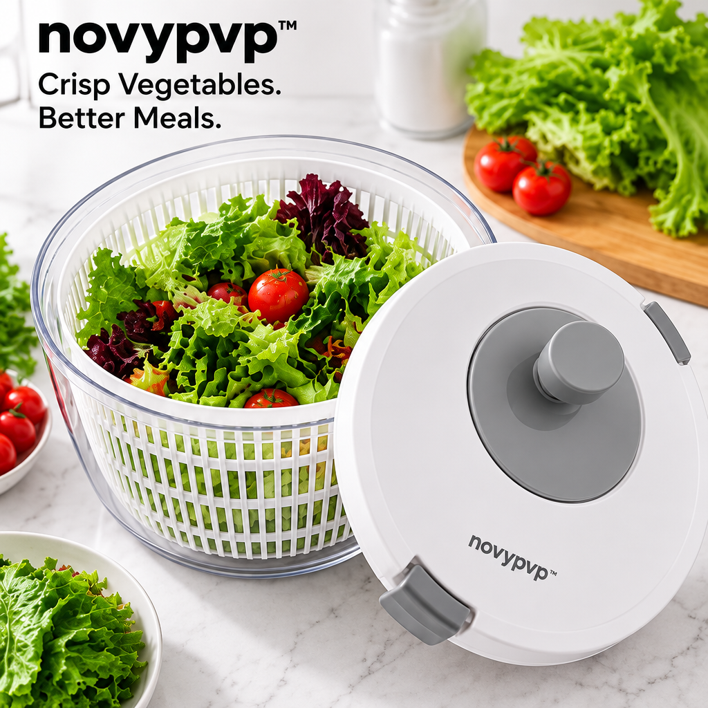 novypvp™ 4-Quart Manual Salad Spinner, Rotary Vegetable Dryer with Removable Basket and Clear Serving Bowl