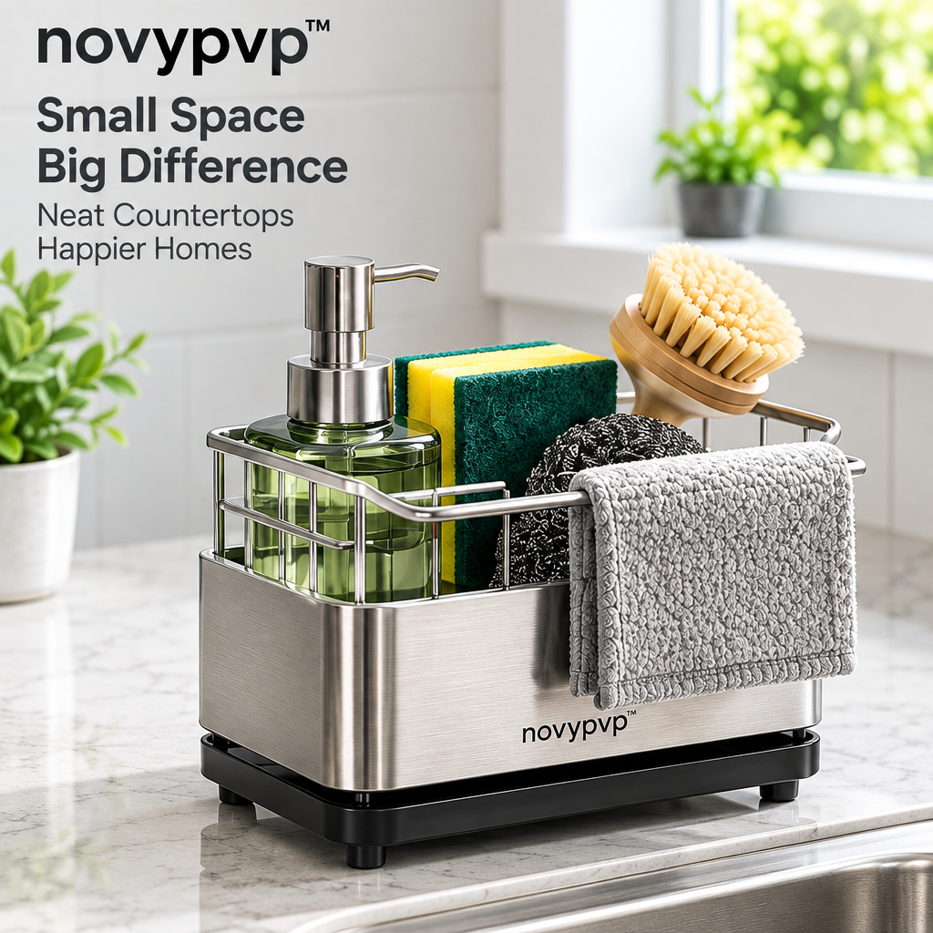 novypvp™ Stainless Steel Sink Caddy, Countertop Sponge and Dish Brush Organizer with Removable Drip Tray