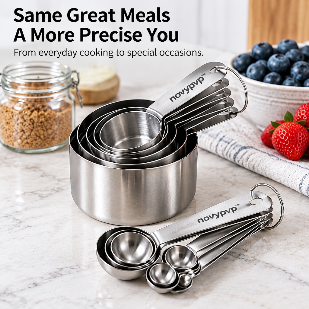 novypvp™ Stainless Steel Measuring Cups and Spoons Set, 12-Piece Nesting Baking Measure Kit with Leveling Bar