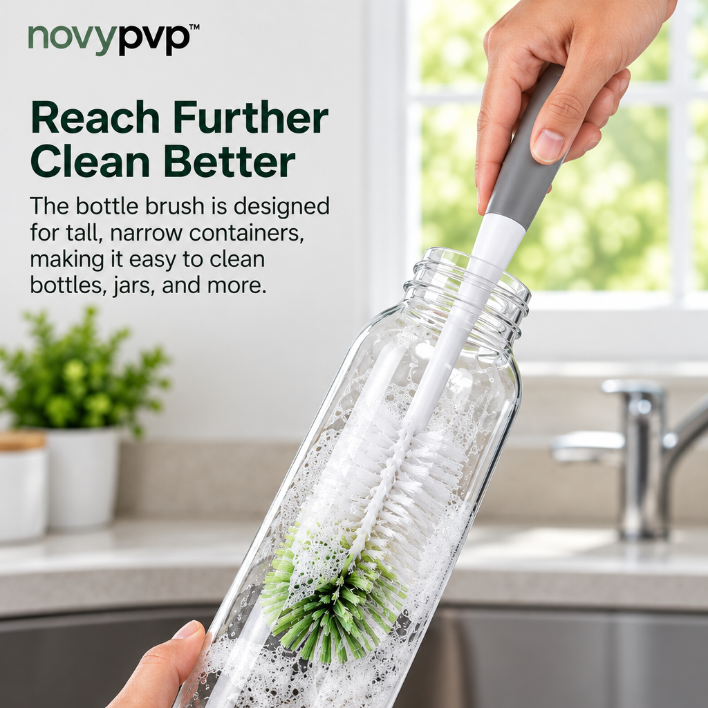 novypvp™ Dish Brush and Bottle Brush Set, 4-Piece Kitchen Cleaning Kit with Replacement Head and Storage Stand