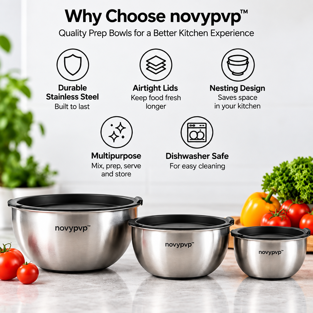 novypvp™ Nesting Mixing Bowl Set with Lids, 1.5-, 3- and 5-Quart Stainless Steel Prep Bowls