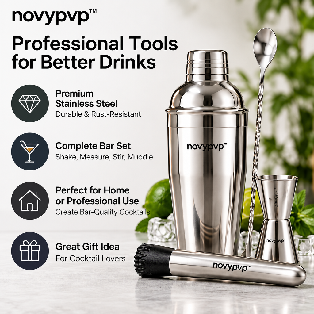 novypvp™ Stainless Steel Cocktail Shaker Set, 24-Fl-Oz Cobbler Shaker with Jigger, Bar Spoon and Muddler