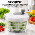 novypvp™ 4-Quart Manual Salad Spinner, Rotary Vegetable Dryer with Removable Basket and Clear Serving Bowl