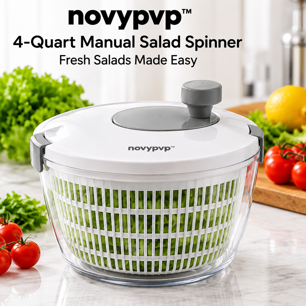 novypvp™ 4-Quart Manual Salad Spinner, Rotary Vegetable Dryer with Removable Basket and Clear Serving Bowl