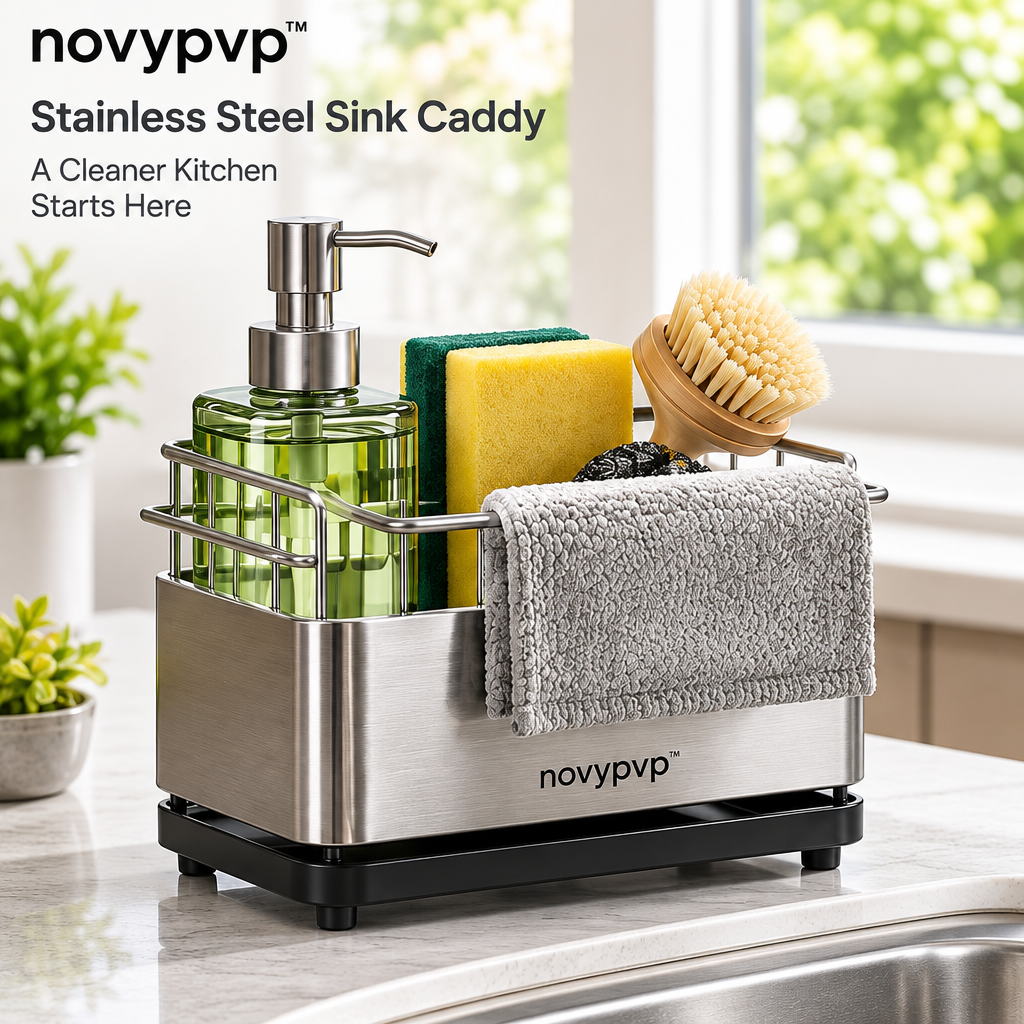 novypvp™ Stainless Steel Sink Caddy, Countertop Sponge and Dish Brush Organizer with Removable Drip Tray
