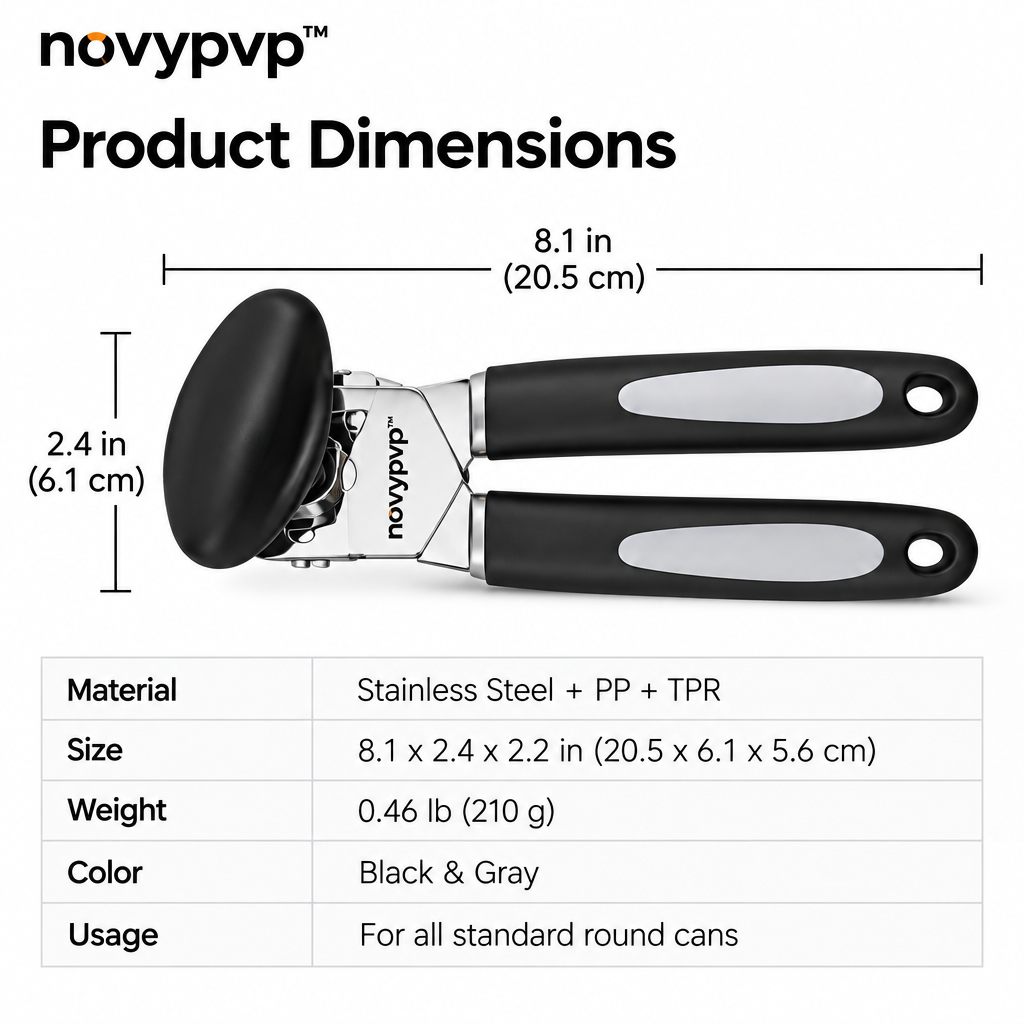 novypvp™ Manual Can Opener, Side-Cutting Kitchen Tin Opener with Large Turning Knob and Soft-Touch Handles