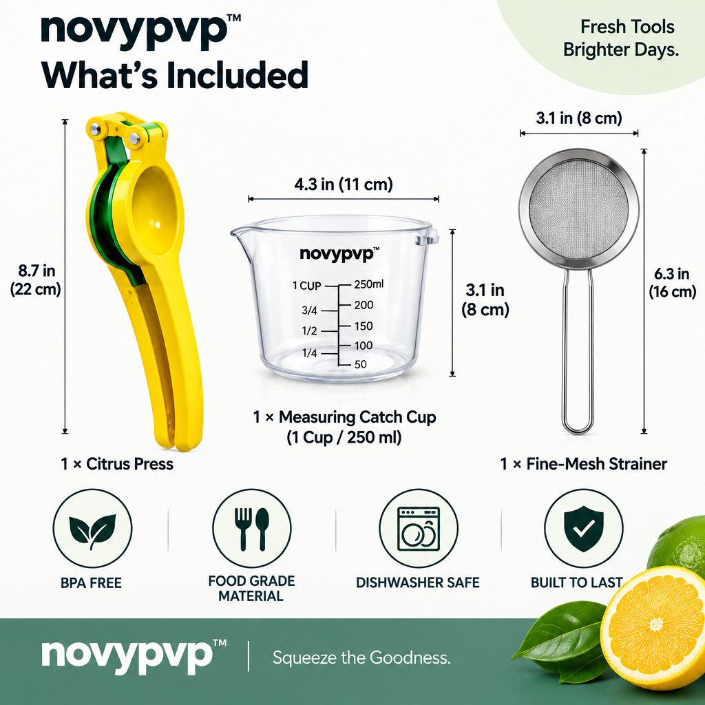 novypvp™ Manual Citrus Press Set, Handheld Lemon and Lime Squeezer with Fine-Mesh Strainer and Measuring Catch Cup