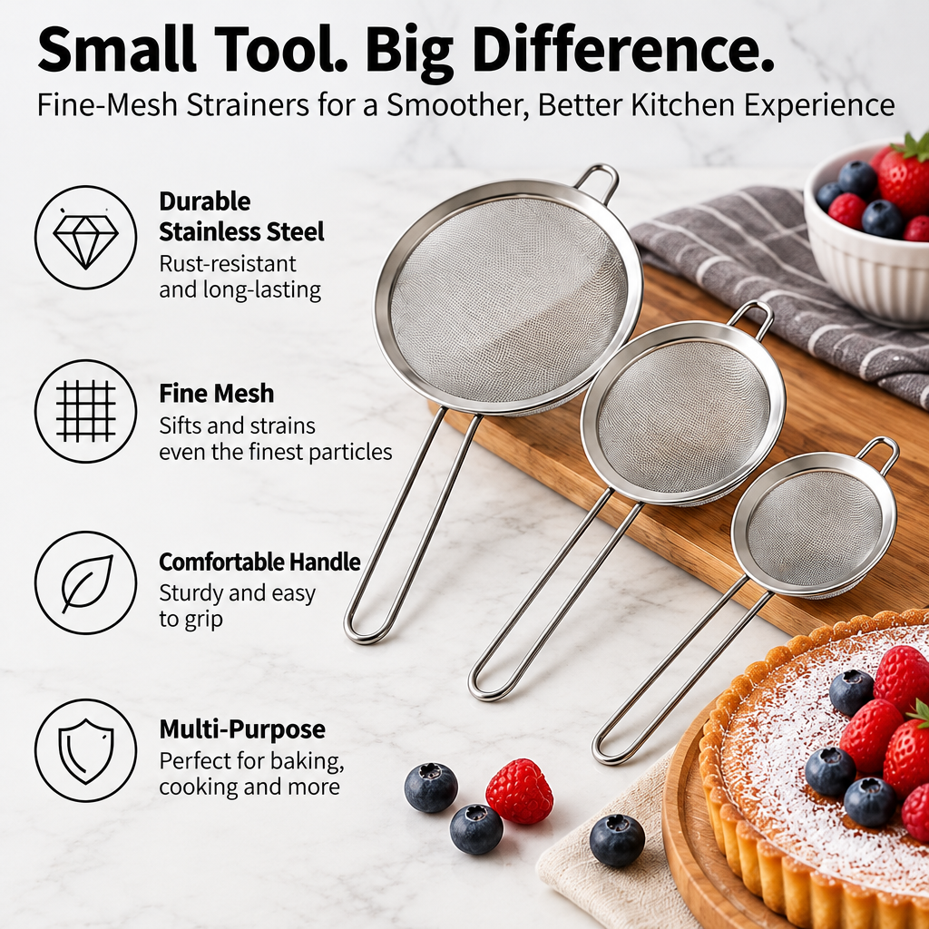 novypvp™ Stainless Steel Fine-Mesh Strainer Set, 3-Piece Handheld Sieves for Sifting Flour and Straining Sauces