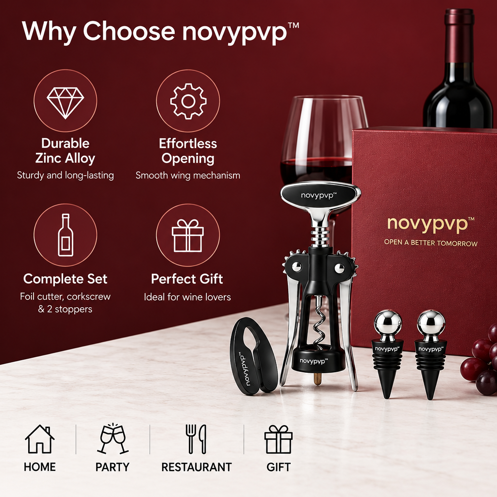 novypvp™ Winged Corkscrew and Bottle Opener Set, Manual Wine Opener with Foil Cutter and Two Bottle Stoppers