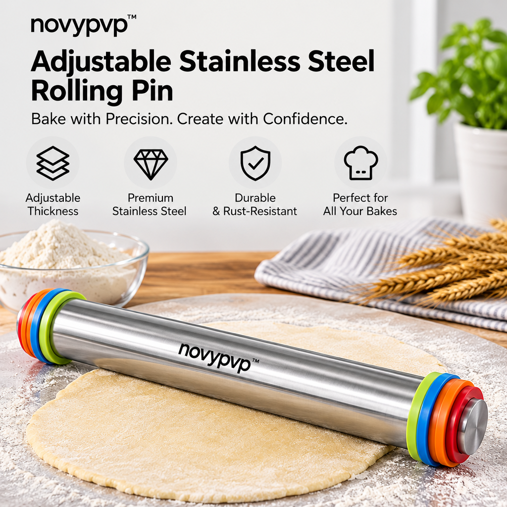 novypvp™ Adjustable Stainless Steel Rolling Pin, 17-Inch Dough Roller with Four Thickness Ring Pairs