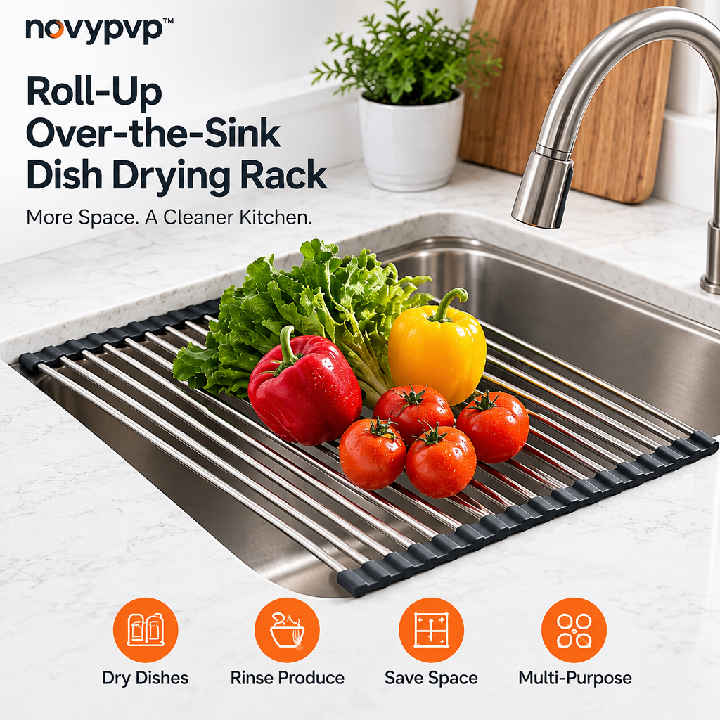 novypvp™ Roll-Up Over-the-Sink Dish Drying Rack, 20-1/2 × 13-Inch Stainless Steel Drainer with Silicone End Rails