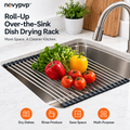 novypvp™ Roll-Up Over-the-Sink Dish Drying Rack, 20-1/2 × 13-Inch Stainless Steel Drainer with Silicone End Rails