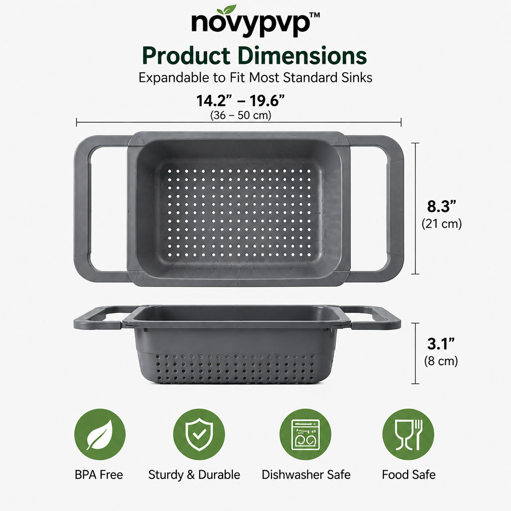 novypvp™ Expandable Over-the-Sink Colander, Rectangular Produce Washing Basket with Sliding Arms