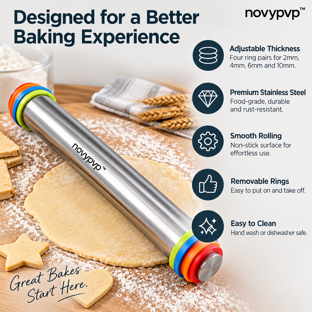 novypvp™ Adjustable Stainless Steel Rolling Pin, 17-Inch Dough Roller with Four Thickness Ring Pairs