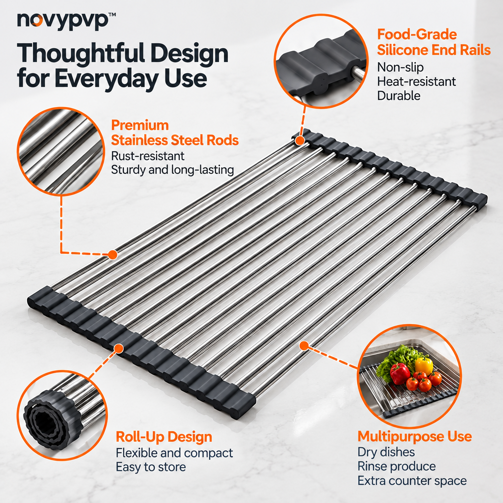 novypvp™ Roll-Up Over-the-Sink Dish Drying Rack, 20-1/2 × 13-Inch Stainless Steel Drainer with Silicone End Rails
