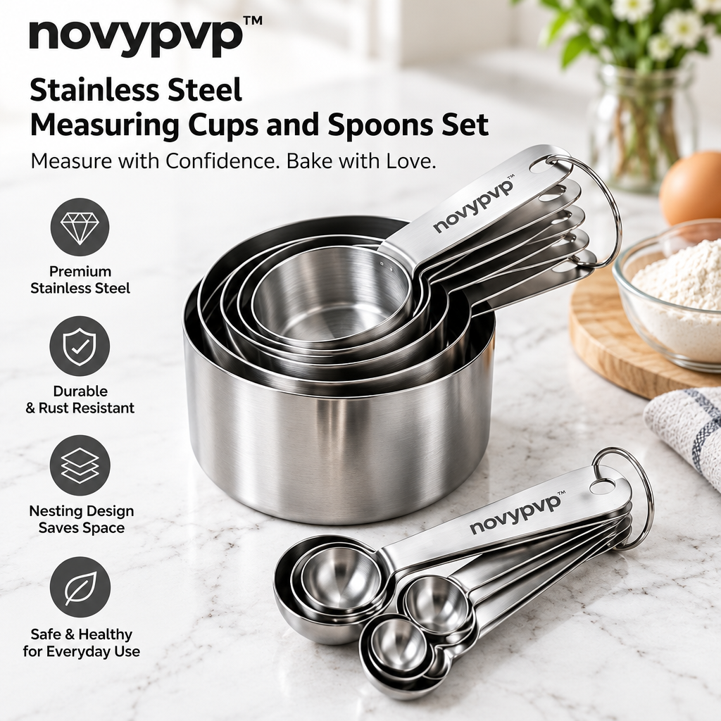 novypvp™ Stainless Steel Measuring Cups and Spoons Set, 12-Piece Nesting Baking Measure Kit with Leveling Bar