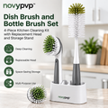 novypvp™ Dish Brush and Bottle Brush Set, 4-Piece Kitchen Cleaning Kit with Replacement Head and Storage Stand