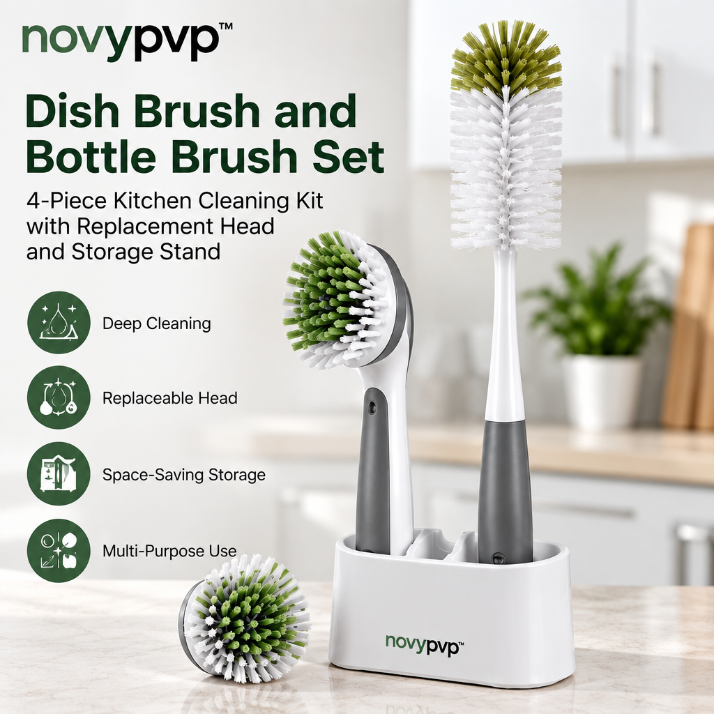 novypvp™ Dish Brush and Bottle Brush Set, 4-Piece Kitchen Cleaning Kit with Replacement Head and Storage Stand
