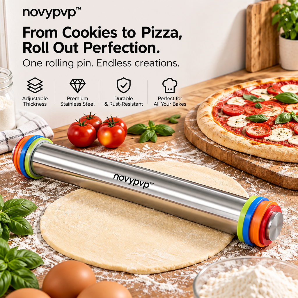 novypvp™ Adjustable Stainless Steel Rolling Pin, 17-Inch Dough Roller with Four Thickness Ring Pairs