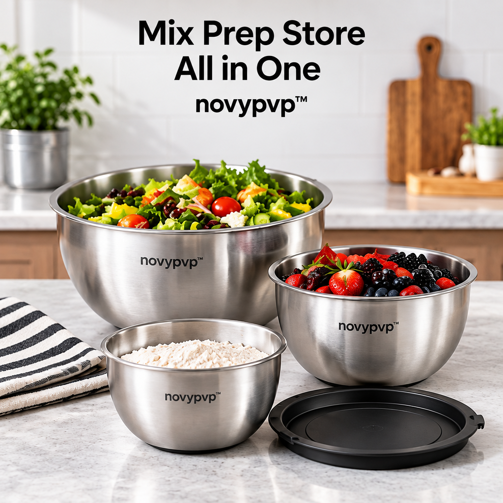 novypvp™ Nesting Mixing Bowl Set with Lids, 1.5-, 3- and 5-Quart Stainless Steel Prep Bowls