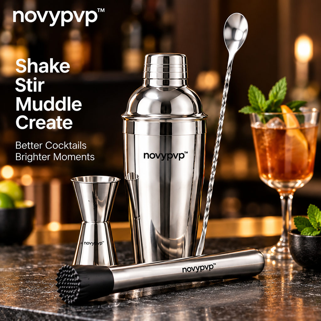novypvp™ Stainless Steel Cocktail Shaker Set, 24-Fl-Oz Cobbler Shaker with Jigger, Bar Spoon and Muddler