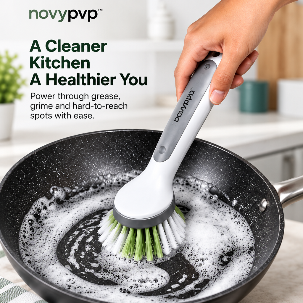 novypvp™ Dish Brush and Bottle Brush Set, 4-Piece Kitchen Cleaning Kit with Replacement Head and Storage Stand