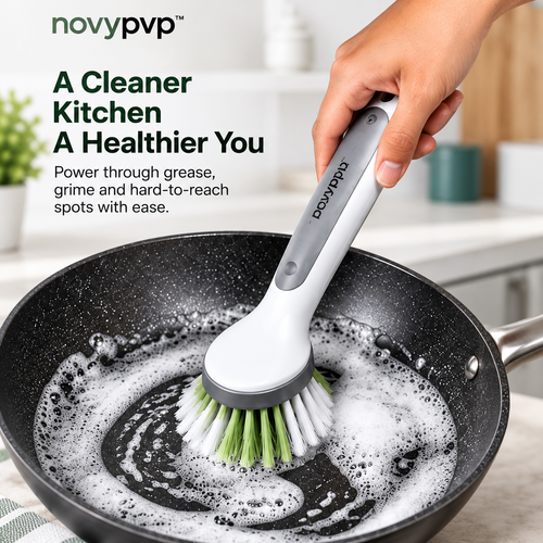 novypvp™ Dish Brush and Bottle Brush Set, 4-Piece Kitchen Cleaning Kit with Replacement Head and Storage Stand