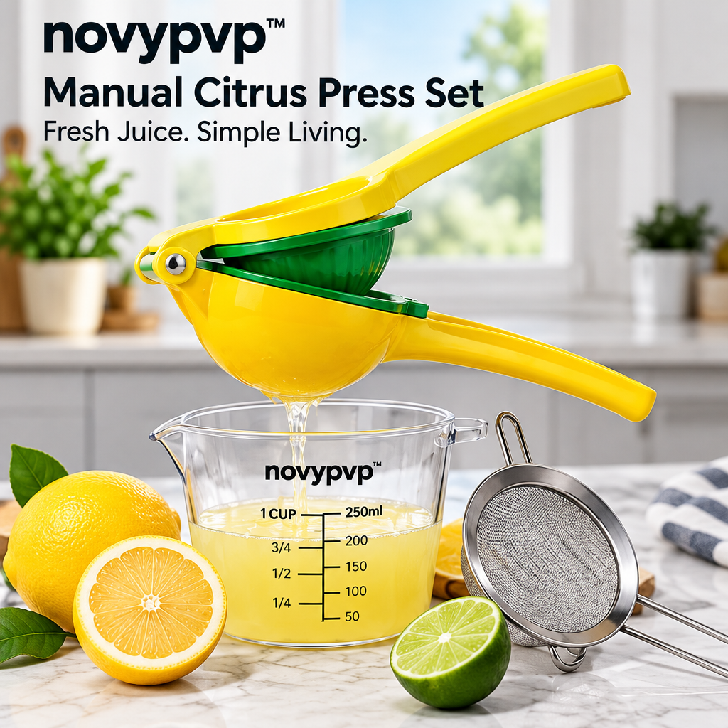 novypvp™ Manual Citrus Press Set, Handheld Lemon and Lime Squeezer with Fine-Mesh Strainer and Measuring Catch Cup