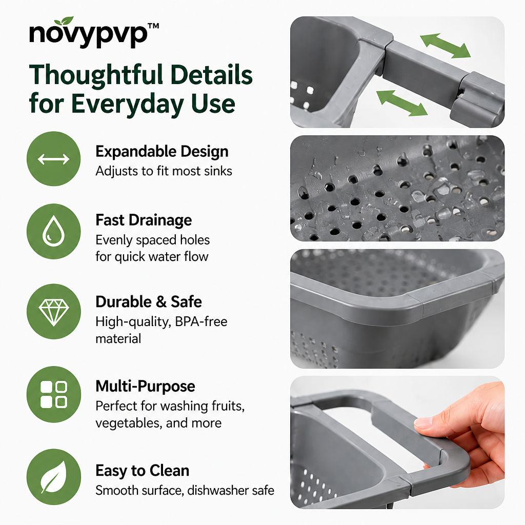 novypvp™ Expandable Over-the-Sink Colander, Rectangular Produce Washing Basket with Sliding Arms