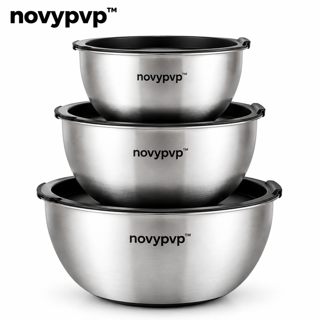 novypvp™ Nesting Mixing Bowl Set with Lids, 1.5-, 3- and 5-Quart Stainless Steel Prep Bowls