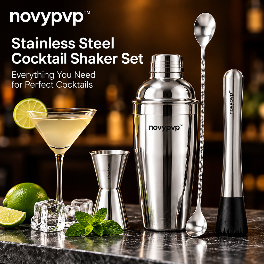 novypvp™ Stainless Steel Cocktail Shaker Set, 24-Fl-Oz Cobbler Shaker with Jigger, Bar Spoon and Muddler