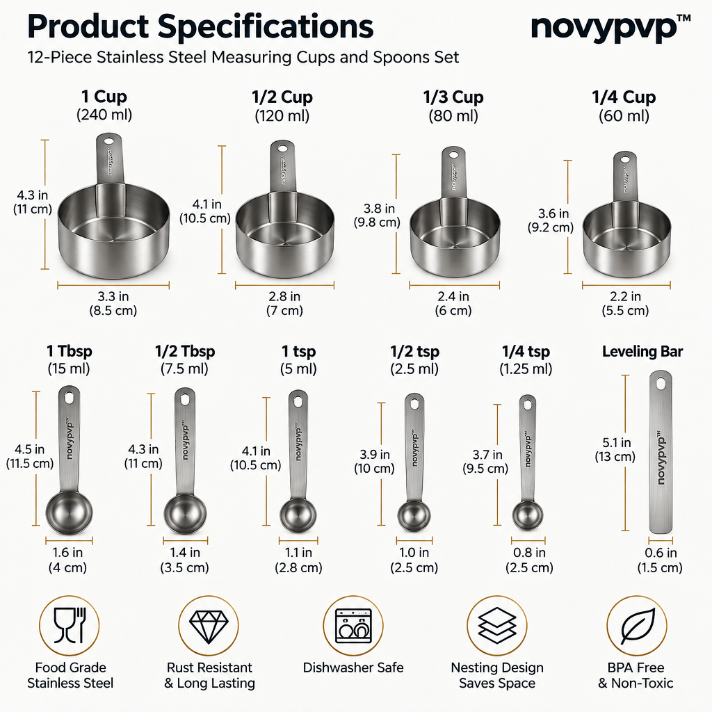 novypvp™ Stainless Steel Measuring Cups and Spoons Set, 12-Piece Nesting Baking Measure Kit with Leveling Bar