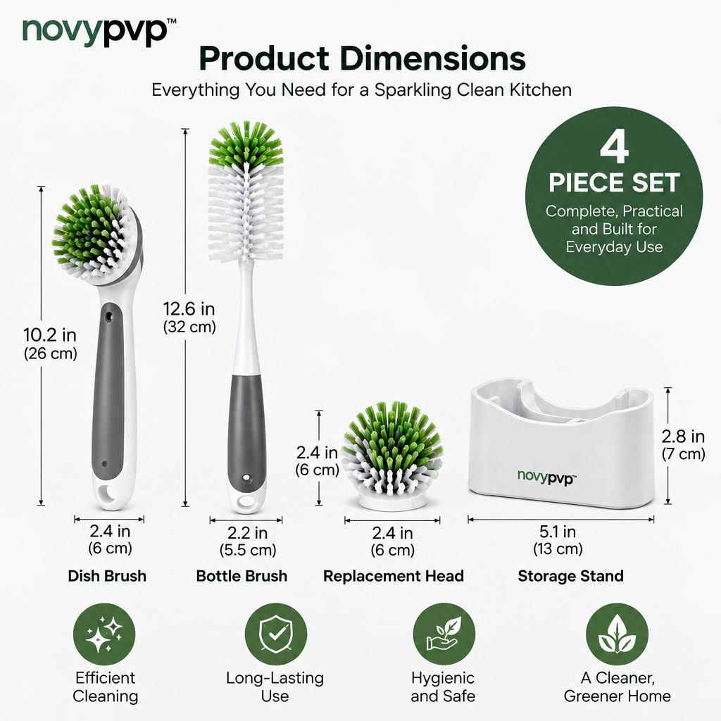 novypvp™ Dish Brush and Bottle Brush Set, 4-Piece Kitchen Cleaning Kit with Replacement Head and Storage Stand