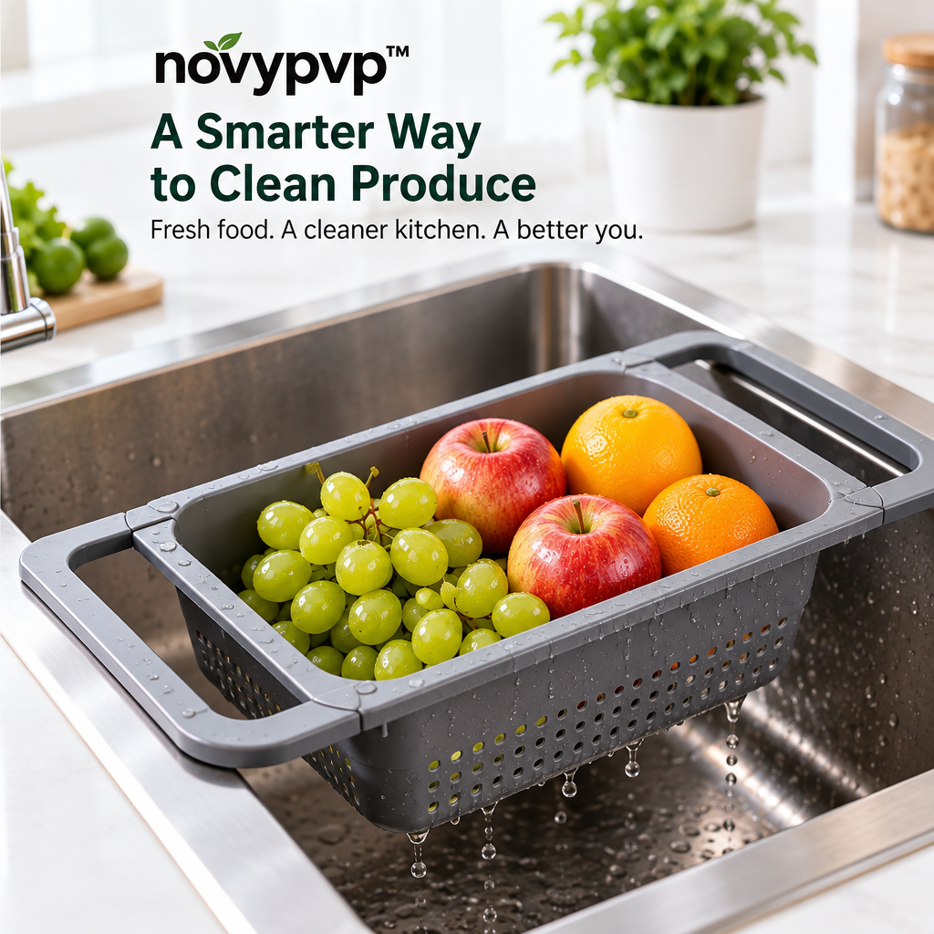 novypvp™ Expandable Over-the-Sink Colander, Rectangular Produce Washing Basket with Sliding Arms