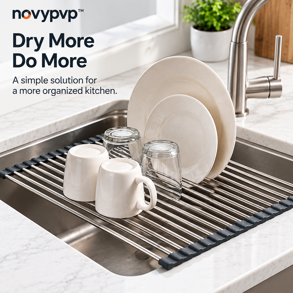 novypvp™ Roll-Up Over-the-Sink Dish Drying Rack, 20-1/2 × 13-Inch Stainless Steel Drainer with Silicone End Rails