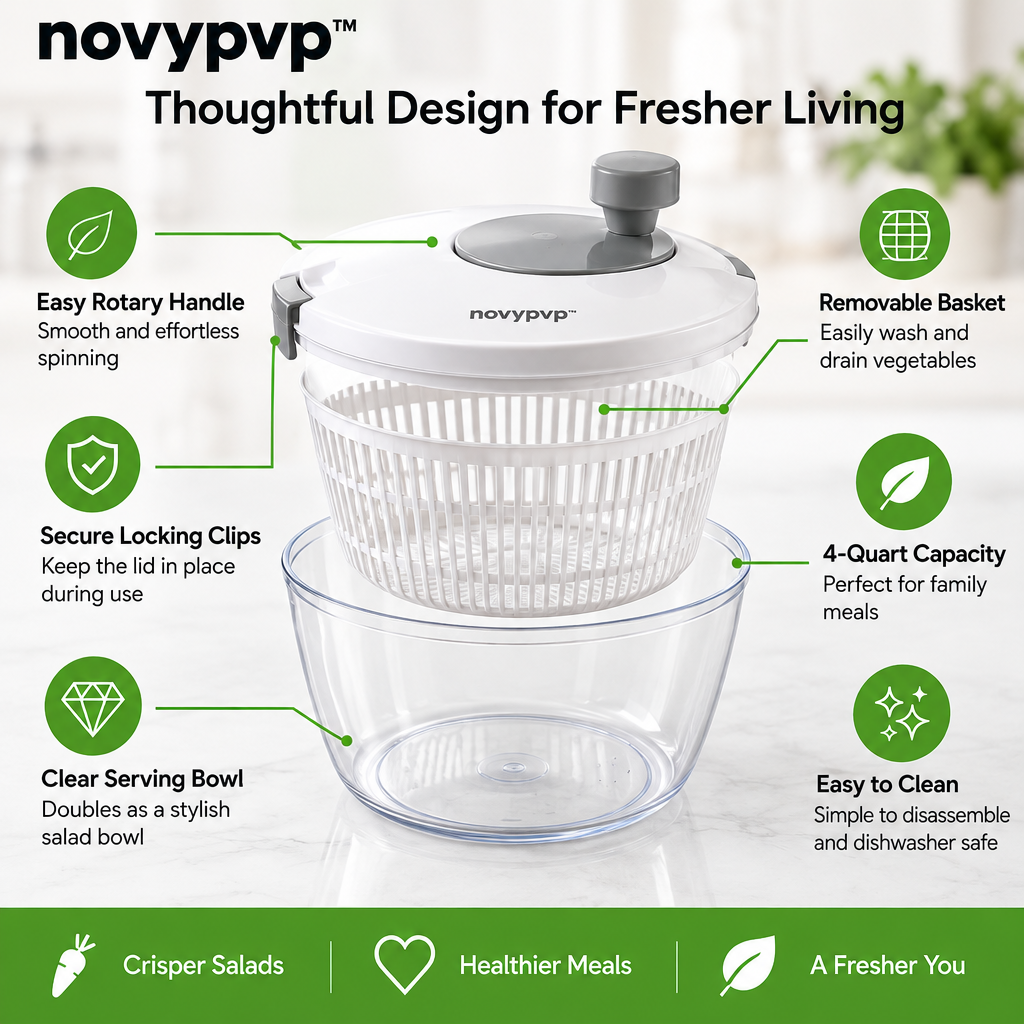 novypvp™ 4-Quart Manual Salad Spinner, Rotary Vegetable Dryer with Removable Basket and Clear Serving Bowl
