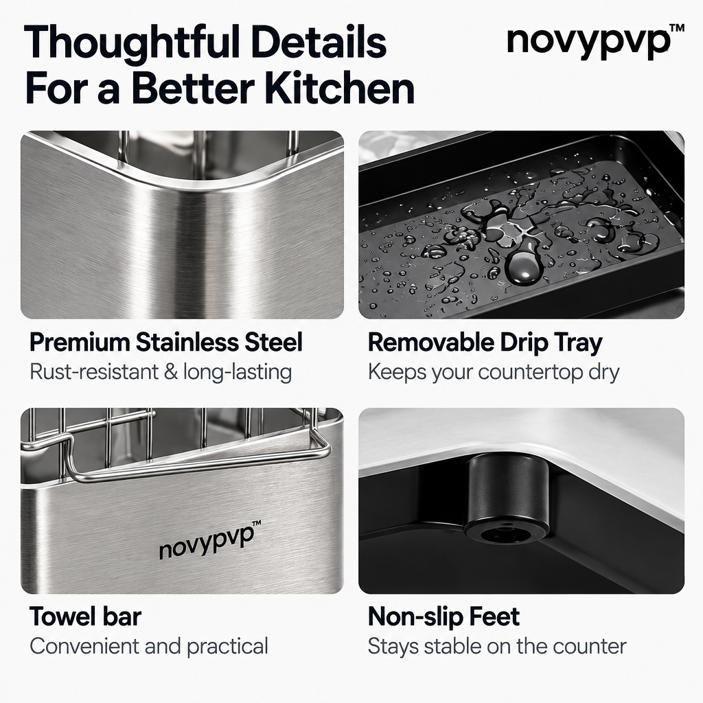 novypvp™ Stainless Steel Sink Caddy, Countertop Sponge and Dish Brush Organizer with Removable Drip Tray
