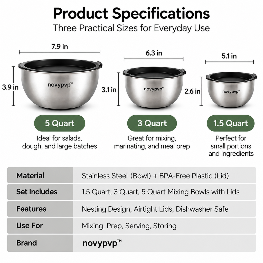 novypvp™ Nesting Mixing Bowl Set with Lids, 1.5-, 3- and 5-Quart Stainless Steel Prep Bowls