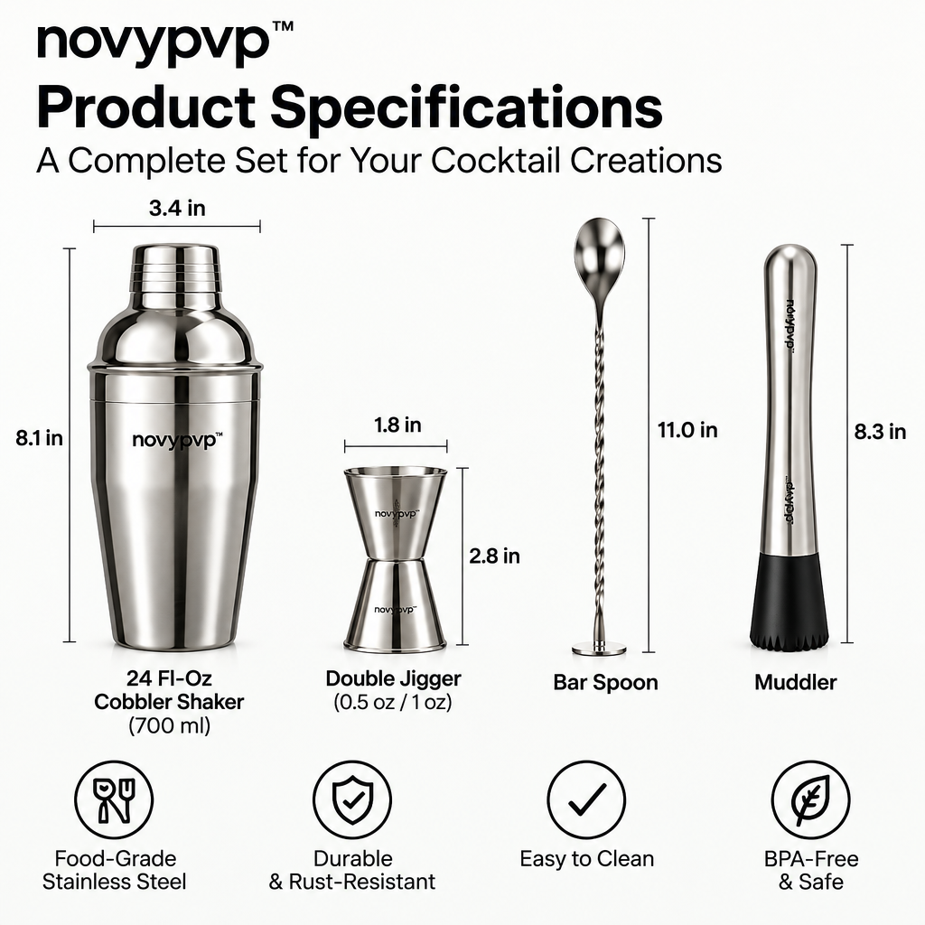 novypvp™ Stainless Steel Cocktail Shaker Set, 24-Fl-Oz Cobbler Shaker with Jigger, Bar Spoon and Muddler