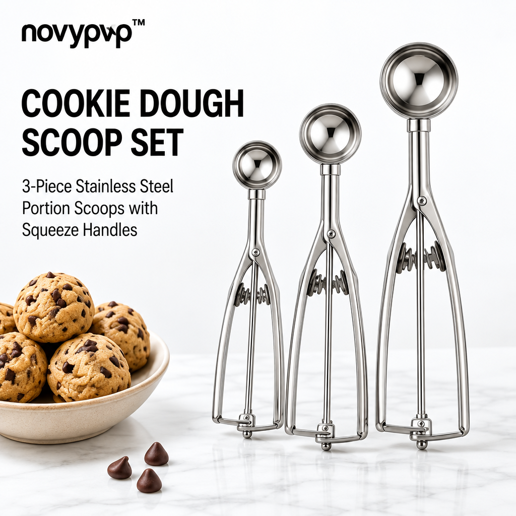 novypvp™ Cookie Dough Scoop Set, 3-Piece Stainless Steel Portion Scoops with Squeeze Handles