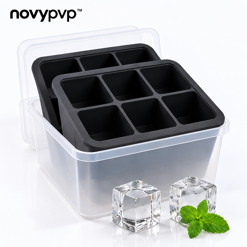 novypvp™ Large Silicone Ice Cube Tray Set, Two 6-Cavity Molds with Covers and Storage Bin