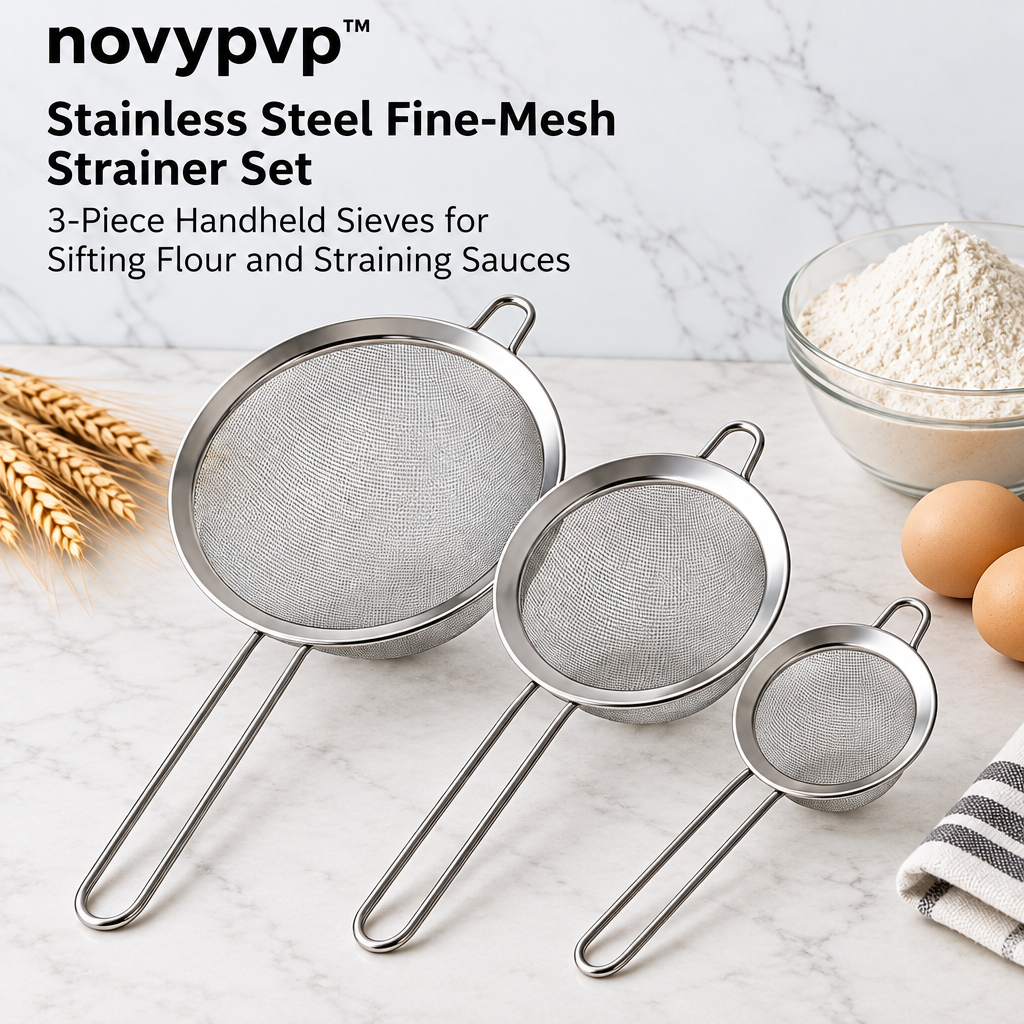 novypvp™ Stainless Steel Fine-Mesh Strainer Set, 3-Piece Handheld Sieves for Sifting Flour and Straining Sauces