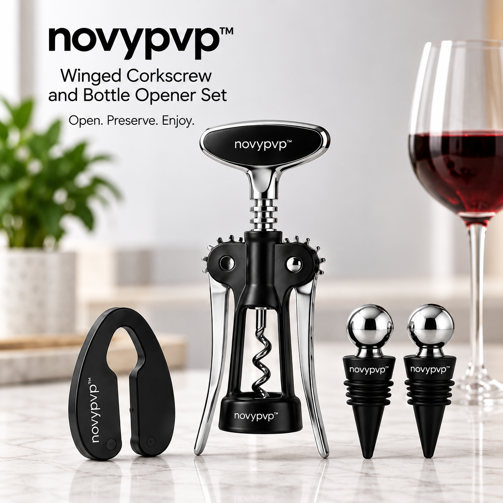 novypvp™ Winged Corkscrew and Bottle Opener Set, Manual Wine Opener with Foil Cutter and Two Bottle Stoppers