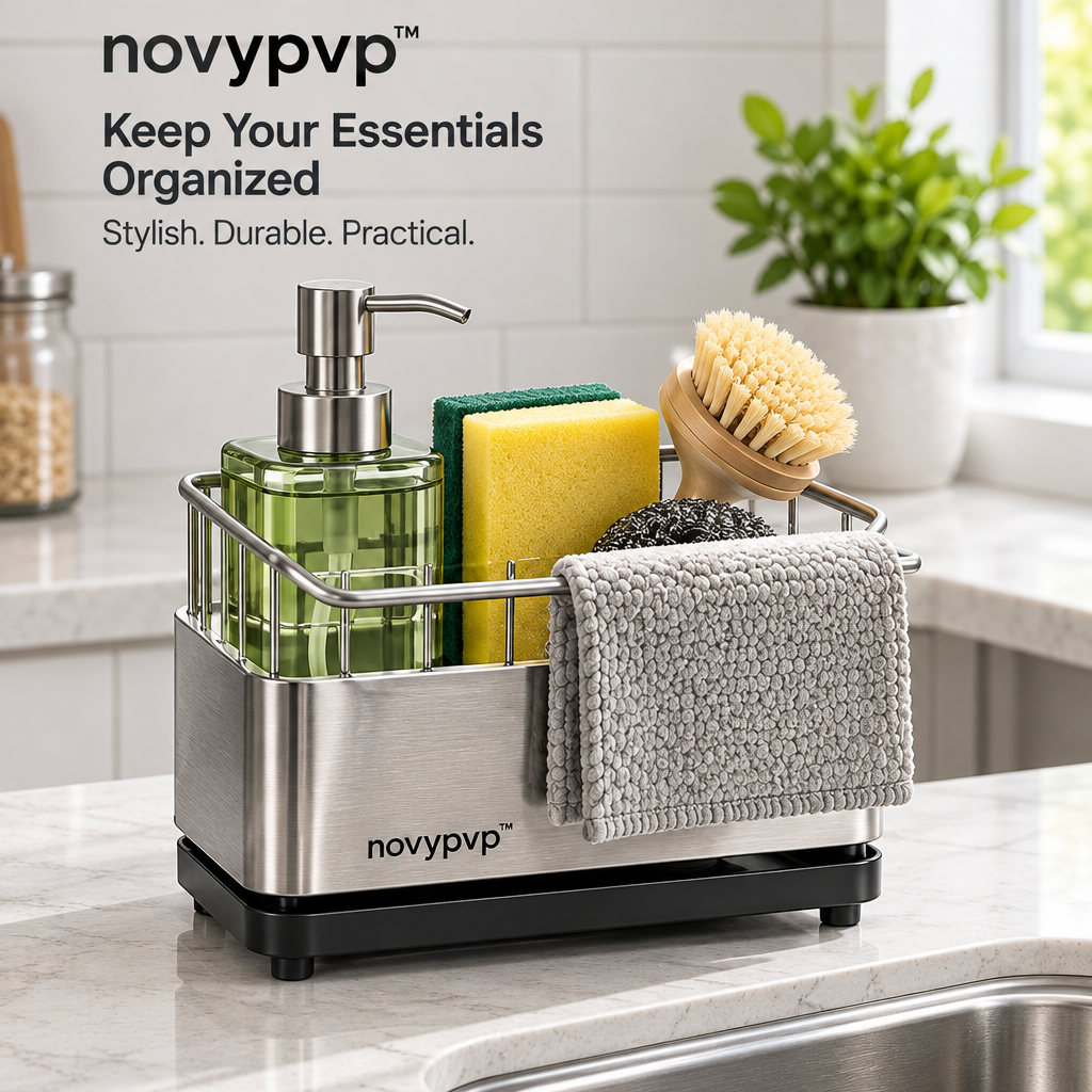 novypvp™ Stainless Steel Sink Caddy, Countertop Sponge and Dish Brush Organizer with Removable Drip Tray