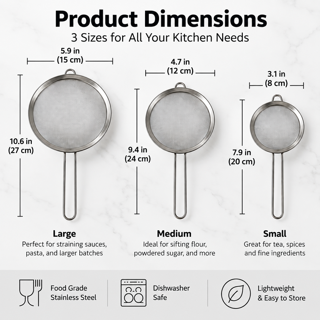 novypvp™ Stainless Steel Fine-Mesh Strainer Set, 3-Piece Handheld Sieves for Sifting Flour and Straining Sauces