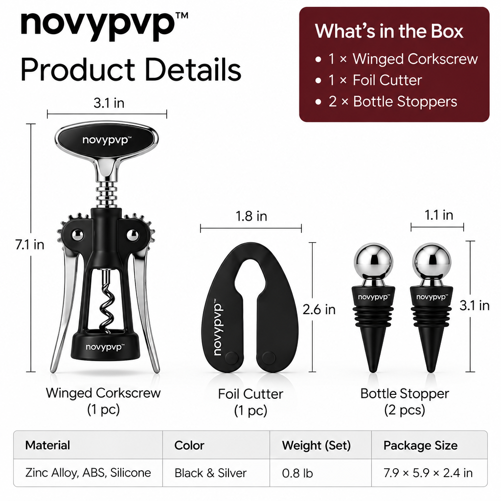 novypvp™ Winged Corkscrew and Bottle Opener Set, Manual Wine Opener with Foil Cutter and Two Bottle Stoppers